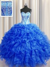 Flare Visible Boning Beaded Bodice Sweetheart Sleeveless Sweet 16 Dress Floor Length Beading and Ruffles Royal Blue Organza