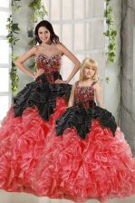  Red And Black Sleeveless Beading and Ruffles Floor Length Sweet 16 Quinceanera Dress