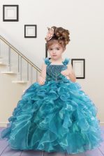 Perfect Sleeveless Floor Length Beading and Ruffles Lace Up Kids Pageant Dress with Turquoise
