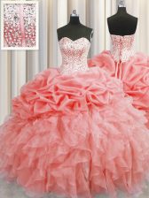 Sophisticated Visible Boning Watermelon Red Sweetheart Lace Up Ruffles and Pick Ups Sweet 16 Dresses Sleeveless