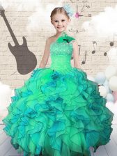  One Shoulder Floor Length Ball Gowns Sleeveless Turquoise Little Girl Pageant Gowns Lace Up