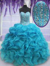  Sleeveless Organza Floor Length Lace Up Vestidos de Quinceanera in Teal with Beading and Ruffles