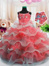  Sleeveless Zipper Floor Length Beading and Ruffled Layers Pageant Gowns For Girls