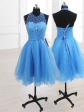  Sequins Prom Dress Baby Blue Lace Up Sleeveless Knee Length