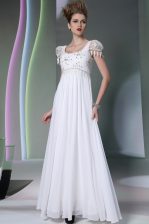  White Empire Scoop Sleeveless Chiffon Floor Length Zipper Beading and Lace Prom Party Dress