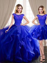 Lovely Three Piece Scoop Royal Blue Cap Sleeves Tulle Brush Train Lace Up Sweet 16 Quinceanera Dress for Military Ball and Sweet 16 and Quinceanera