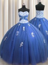 Excellent Sleeveless Floor Length Beading and Appliques Lace Up Quince Ball Gowns with Royal Blue