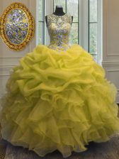  Pick Ups Ball Gowns Quinceanera Dress Yellow Scoop Organza Sleeveless Floor Length Lace Up