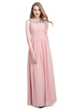  Scoop Floor Length Zipper Pink for Prom and Party with Beading