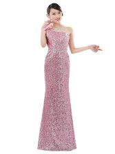 Stunning One Shoulder Sleeveless Sequined Floor Length Zipper Prom Gown in Pink with Sequins