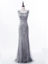 Attractive Mermaid Satin and Tulle Square Sleeveless Brush Train Zipper Beading and Sequins Prom Evening Gown in Grey