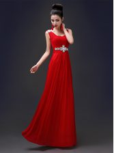Colorful A-line Prom Evening Gown Red Square Chiffon Sleeveless Floor Length Zipper