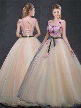  Champagne A-line Scoop Sleeveless Organza Floor Length Lace Up Appliques Sweet 16 Dresses
