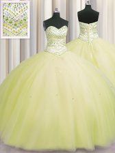 Dazzling Bling-bling Puffy Skirt Floor Length Lace Up Sweet 16 Dresses Light Yellow for Military Ball and Sweet 16 and Quinceanera with Beading