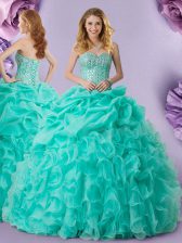 Inexpensive Pick Ups Turquoise Sleeveless Organza Lace Up Quinceanera Gowns for Military Ball and Sweet 16 and Quinceanera
