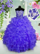  Blue Organza Lace Up Sweetheart Sleeveless Floor Length Pageant Gowns For Girls Ruffled Layers and Sequins