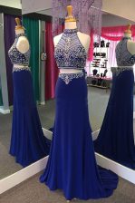  Royal Blue Prom Party Dress Prom with Beading High-neck Sleeveless Sweep Train Zipper