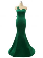 Popular Mermaid Scoop Green Sleeveless Satin Sweep Train Zipper Prom Dresses for Prom and Party