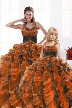  Organza Sweetheart Sleeveless Lace Up Beading and Appliques and Ruffles Quince Ball Gowns in Orange