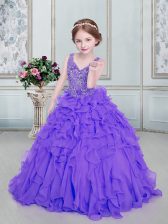  Eggplant Purple V-neck Lace Up Beading and Ruffles Little Girls Pageant Dress Wholesale Sleeveless