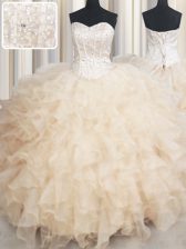 Free and Easy Beading and Ruffles Vestidos de Quinceanera Champagne Lace Up Sleeveless Floor Length