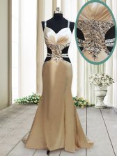 Beautiful Mermaid Straps Criss Cross Dress for Prom Champagne for Prom with Beading Sweep Train