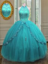 Fantastic Aqua Blue Lace Up Ball Gown Prom Dress Beading and Appliques Sleeveless Floor Length