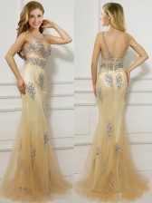 Elegant Mermaid Gold Prom Dresses Prom with Beading Scoop Cap Sleeves Brush Train Backless