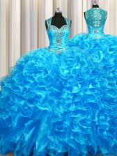  Zipper Up See Through Back With Train Ball Gowns Sleeveless Baby Blue Quinceanera Gowns Zipper