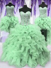 Pretty Four Piece Sleeveless Floor Length Beading and Ruffles Lace Up Ball Gown Prom Dress with Apple Green