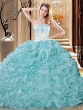 Custom Designed Embroidery and Ruffles Quinceanera Gowns Blue And White Lace Up Sleeveless Floor Length