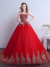 Great Red Lace Up Strapless Appliques and Sequins Sweet 16 Dresses Tulle Sleeveless Court Train