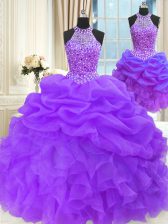  Three Piece Eggplant Purple Ball Gowns High-neck Sleeveless Organza Floor Length Lace Up Beading and Pick Ups 15 Quinceanera Dress