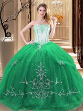  Tulle Strapless Sleeveless Lace Up Embroidery Quince Ball Gowns in Green