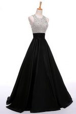 Superior Scoop Sleeveless Satin Floor Length Zipper Evening Dress in Black with Beading