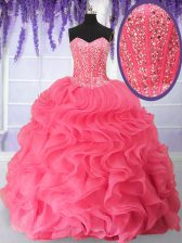 Adorable Sleeveless Floor Length Beading and Ruffles Lace Up Quinceanera Gown with Rose Pink