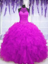  High-neck Sleeveless Organza Quinceanera Dress Beading and Ruffles Lace Up