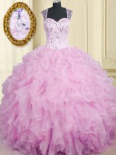  Sleeveless Floor Length Beading and Ruffles Zipper 15th Birthday Dress with Lilac
