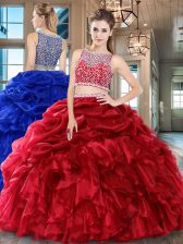 Wine Red Organza Side Zipper Bateau Sleeveless Floor Length Quince Ball Gowns Beading and Ruffles and Pick Ups