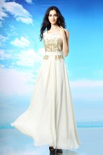 On Sale White Column/Sheath Scoop Sleeveless Chiffon Ankle Length Side Zipper Beading and Ruching Prom Dresses