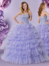  Lavender Strapless Neckline Beading and Ruffled Layers Ball Gown Prom Dress Sleeveless Lace Up