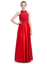  Halter Top Sleeveless Floor Length Beading Zipper Prom Party Dress with Red