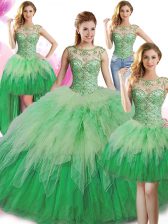  Four Piece Scoop Floor Length Green Quince Ball Gowns Tulle Sleeveless Beading and Ruffles
