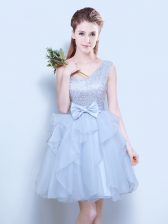 Delicate Grey One Shoulder Lace Up Lace and Ruffles and Bowknot Quinceanera Court Dresses Sleeveless