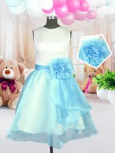  Scoop Light Blue Organza Zipper Little Girls Pageant Dress Wholesale Sleeveless Knee Length Hand Made Flower