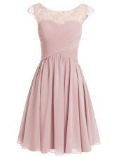  Scoop Pink Chiffon Zipper Evening Dress Cap Sleeves Knee Length Beading