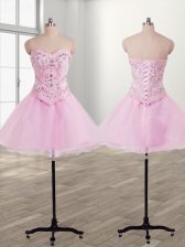 Fashionable Baby Pink Sleeveless Mini Length Beading Lace Up Prom Dress