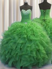  Beaded Bust Ball Gowns Quince Ball Gowns Green Sweetheart Organza Sleeveless Floor Length Lace Up