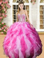 Pink And White Ball Gowns Organza Sweetheart Sleeveless Beading and Ruffles Floor Length Lace Up Ball Gown Prom Dress