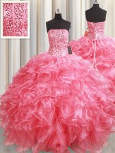  Pink Lace Up Vestidos de Quinceanera Beading and Ruffles Sleeveless Floor Length